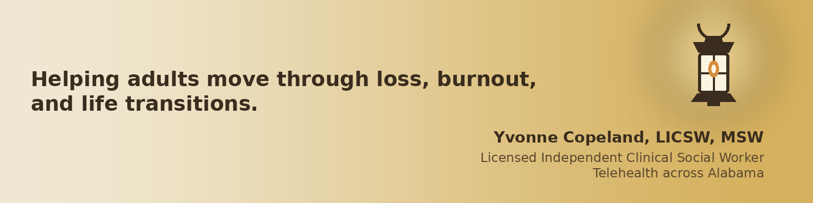 Yvonne Copeland brand banner featuring the lantern mark, on a soft beige-to-gold background